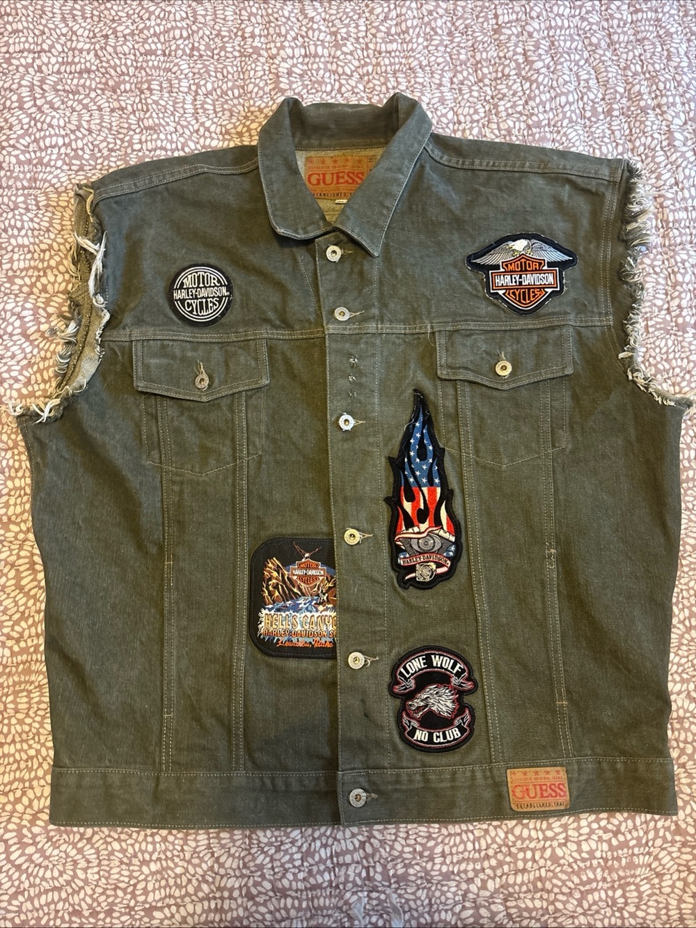 Vintage Guess Made in USA Olive Green Denim Biker Vest Harley Patches 4XL